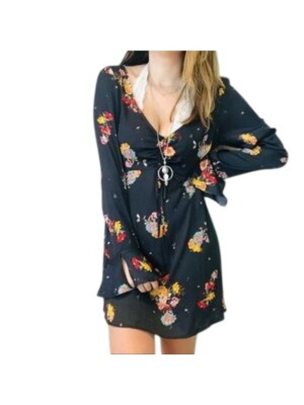 Free People Black Satin Floral Long Sleeve Dress